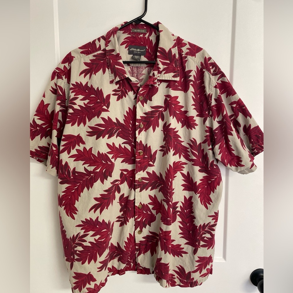 Eddie Bauer Shirt Mens XXL Tan Red Floral Relaxed Fit Linen Hawaiian Button Up